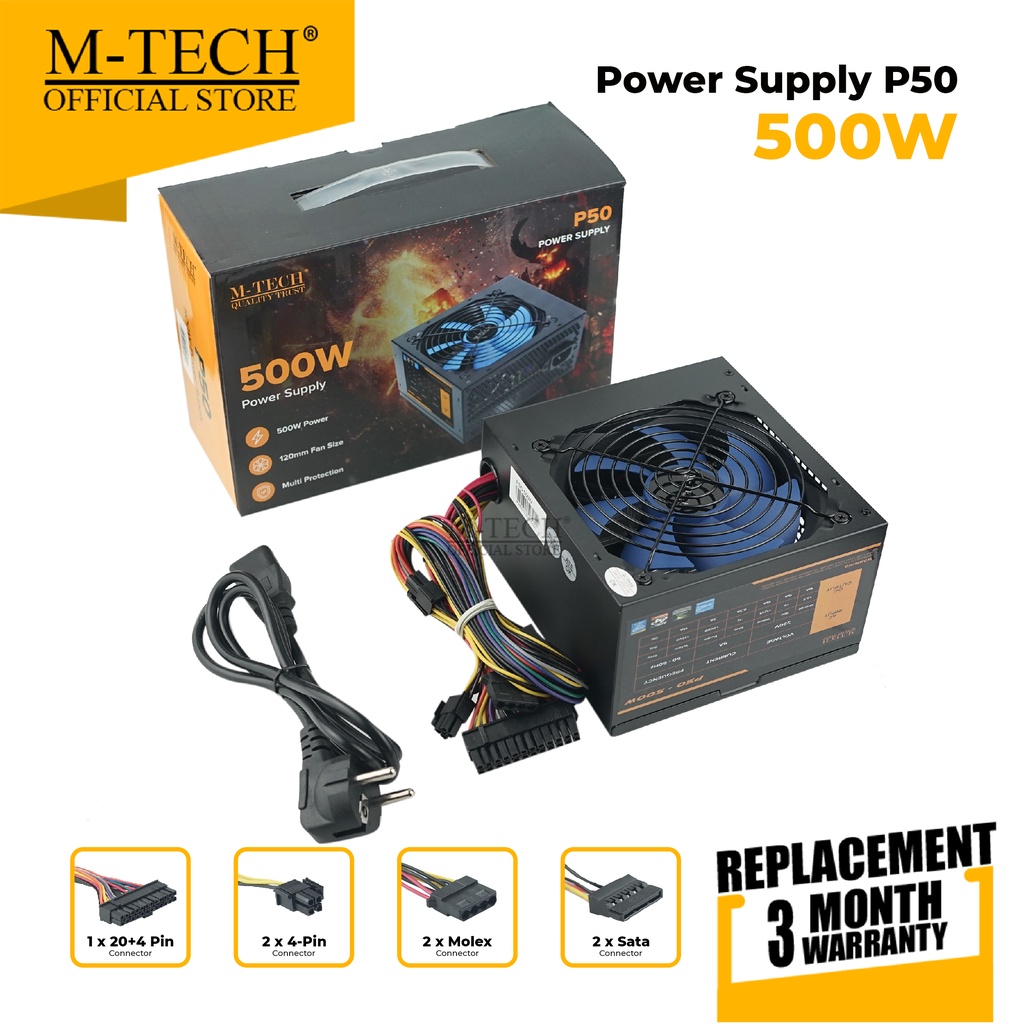 Power Supply M-Tech 500watt / PSU Komputer 500W Fan 12cm Original