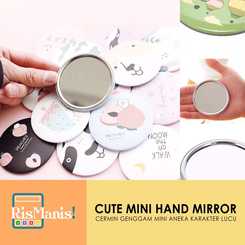 CUTE MINI HAND MIRROR - Cermin Bulat Kecil Mungil Kaca Rias Aneka Warna Cantik Karakter Kartun Lucu