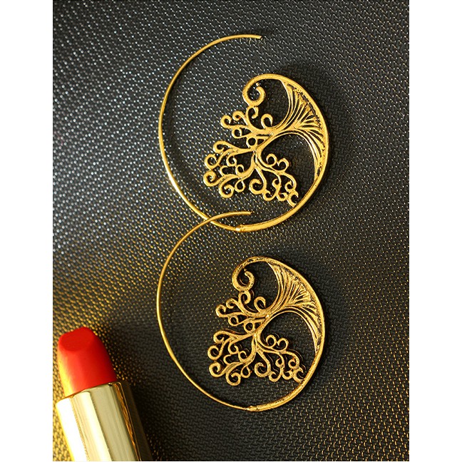 LRC Anting Tusuk Fashion Gold Round Carved Small Tree Spiral Earrings F59321