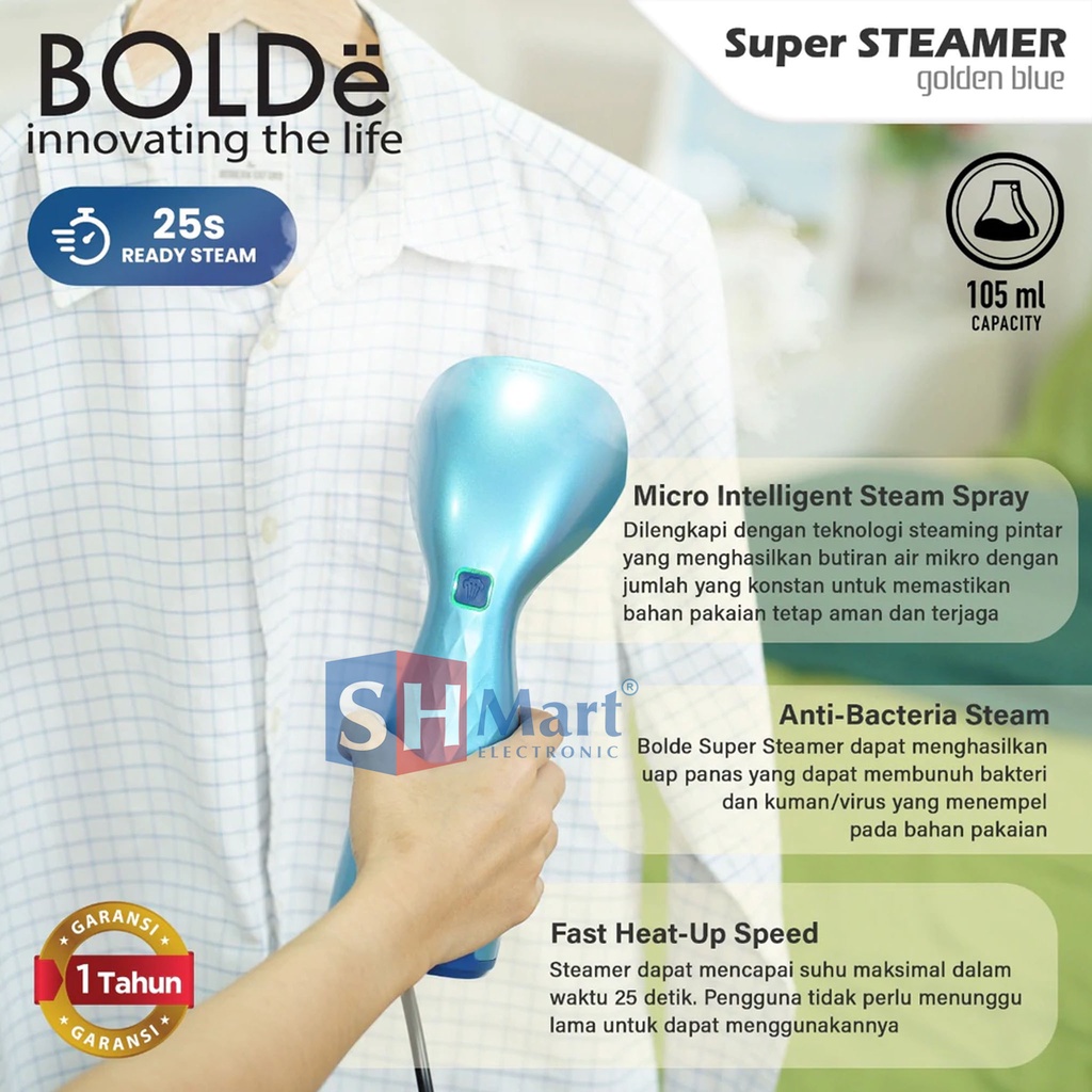 BOLDE SETRIKA UAP TANGAN SUPER STEAMER GOLDEN BLUE ANTI BACTERIA ORIGINAL