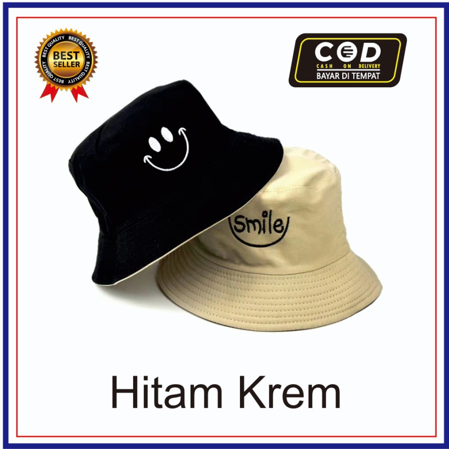 Topi Bucket Bolak Balik Smile// Best Quality Bordir// Bisa(COD) Bayar Ditempat.