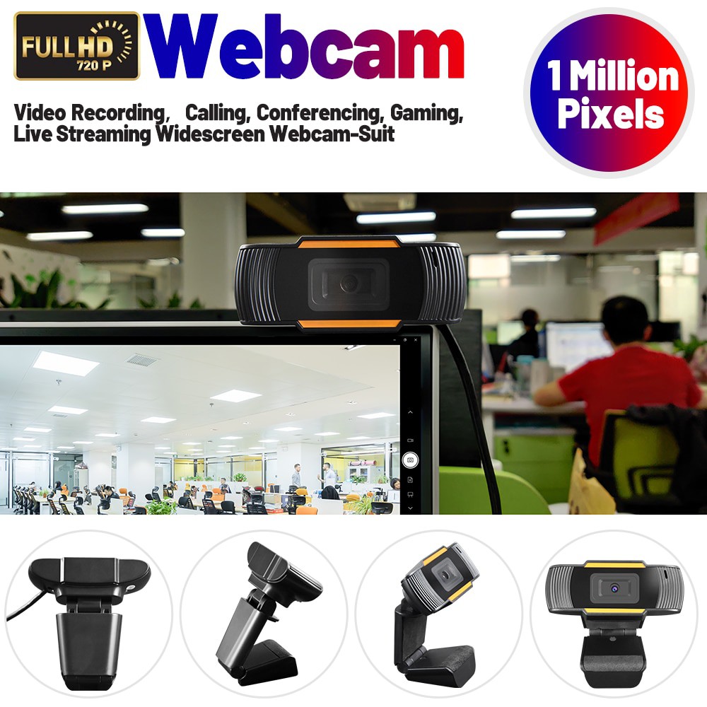 Webcam Desktop Laptop HD with Microphone Video Conference 720P  - Black