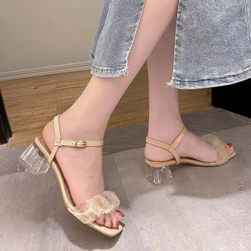 Sepatu Sandal Wanita Import Heels Kotak 3 cm Dengan Pengait Belakang Korean Style