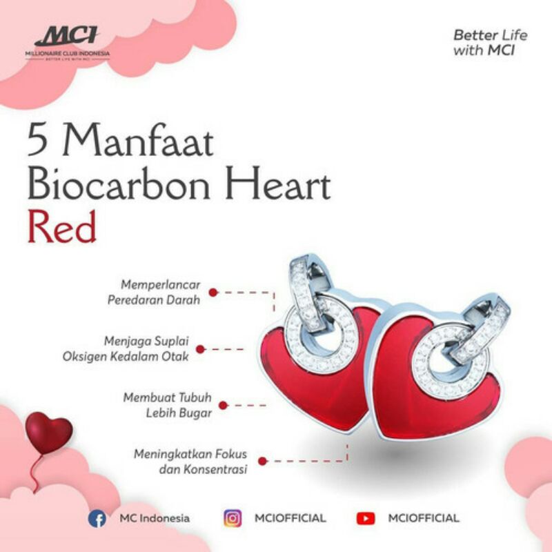 kalung pendang MCI bio carbon love heart red merah
