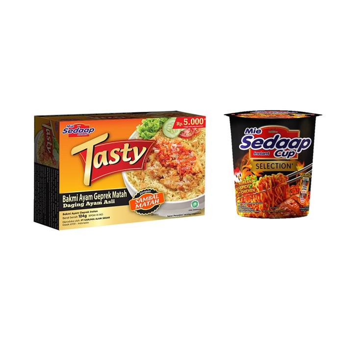 

Sedaap Tasty Mie Instan Ayam Geprek 124 gr + Mie Sedaap Cup Korean Spicy Chicken