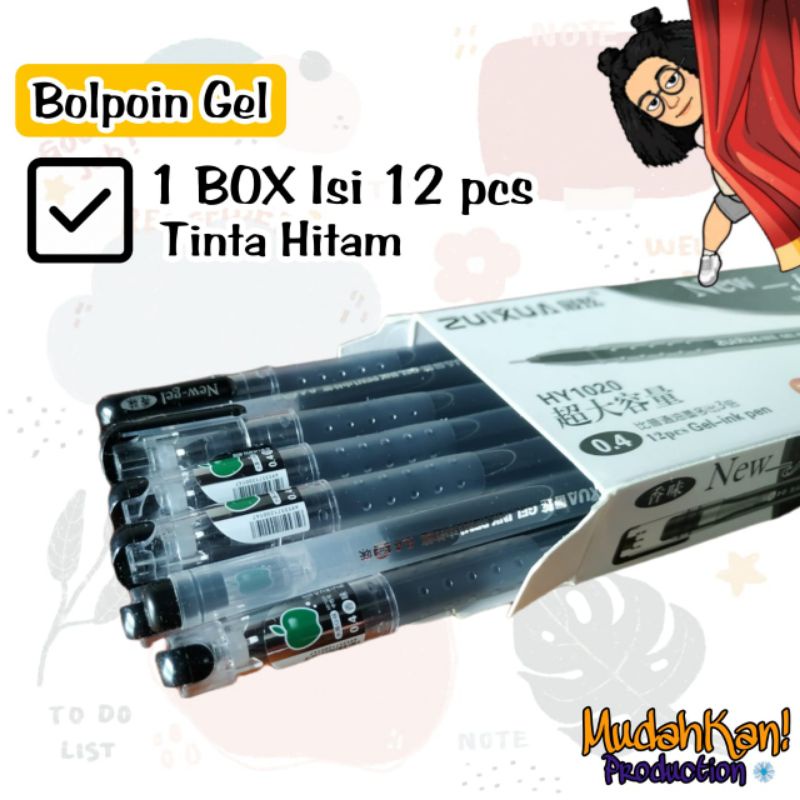 

Balpoint gel / Pulpen gel / Pulpen apple / 1 Box isi 12 / Balpoint hitam / Balpoint biru.