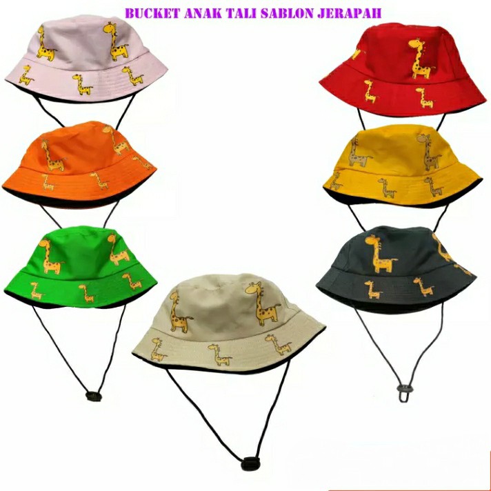 Bucket Anak Tali Sablin Jerapah// Bucket Anak Sablon Jerapah// Topi Bucket Anak Sablon kartun Ada Talinya// PURANGSAKATO_SHOP.