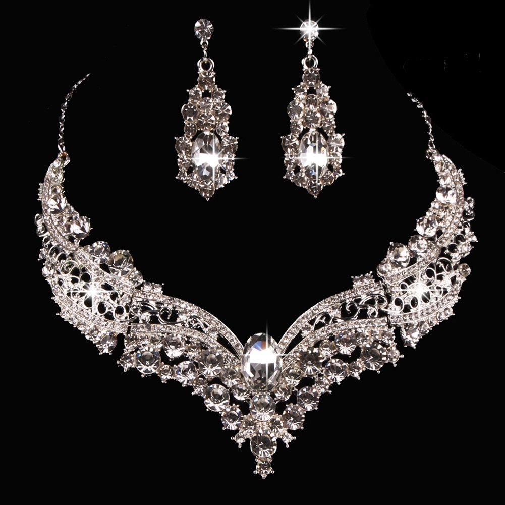 OW@ Wedding Bridal Queen Style Fully Shiny Rhinestone Necklace Earrings Jewelry Set