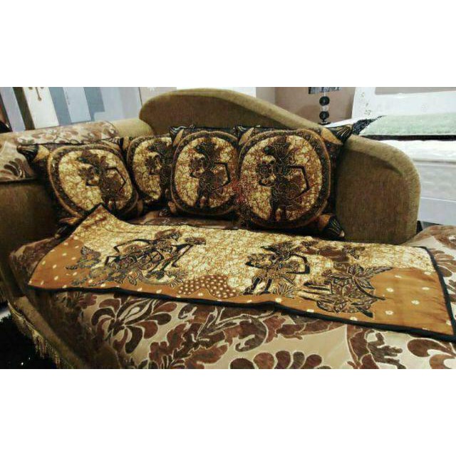 Sarung bantal kursi 40x40 set Taplak meja tamu / motif batik klasik wayang bulat coklat