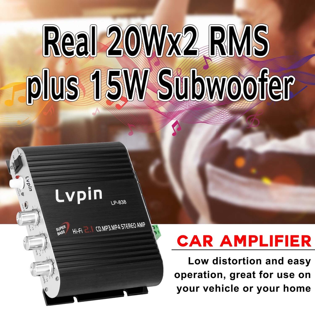 Ampli Amplifire 20Wx2 RMS Plus 15W Subwoofer LVPIN Mini HiFi Stereo Amplifier Treble Bass Booster 12V 20W - LP-838 Mini HIFI Audio Stereo Power Amplifier Subwoofer Car mobil Accessories MP3 Car Channels Low Distortion Household Super Bass