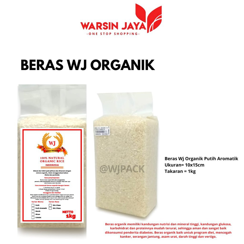 

BERAS ORGANIK 1KG WJ BERAS PULEN DAN WANGI PREMIUM 100% BERAS ORGANIK