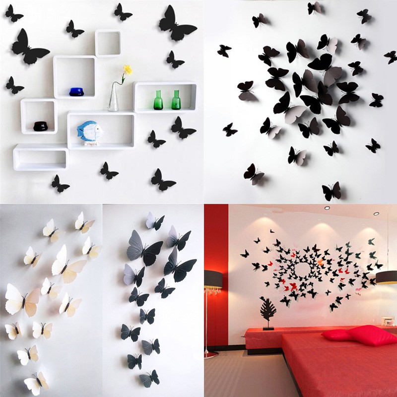 12pcs Cool Black White Diy 3d Butterfly Wall Sticker Home Decor