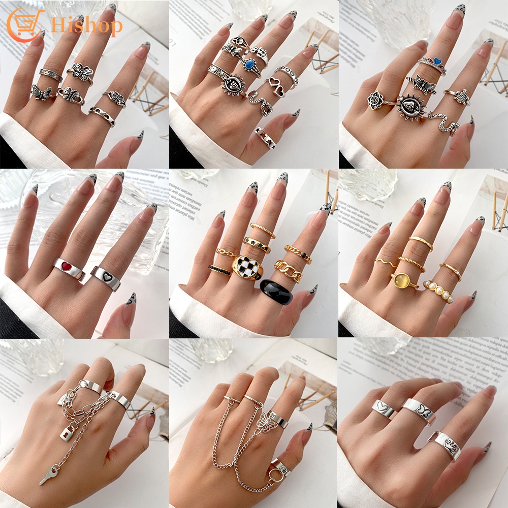 Set Cincin Bentuk Hati Gaya Vintage Untuk Wanita