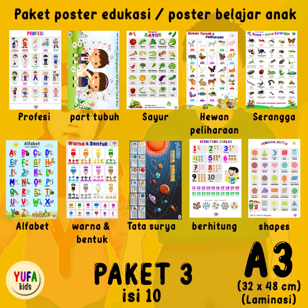 Poster paket 3 isi 10 - Poster Edukasi Anak - Poster belajar anak - Poster wipe and clean - perlengk