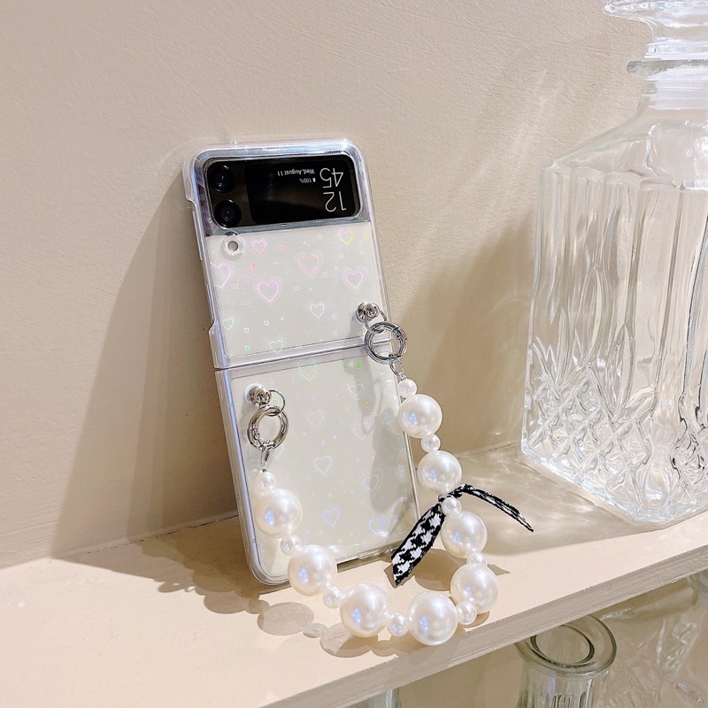 Samsung Galaxy Z Flip 6 5 4 3 5G ZFlip6 ZFlip5 ZFlip4 Zflip3 Z Fold 3 4 5 6 Casing Akrilic Fuze Semi Hologram Hati Transparan Aksen Rantai Mutiara Case Zfold3 Zfold4