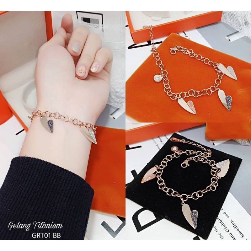 GELANG TITANIUM RANTAI WANITA - GELANG RANTAI TITANIUM - GELANG ROSEGOLD TITAN MODEL DAUN JATUH LOVE