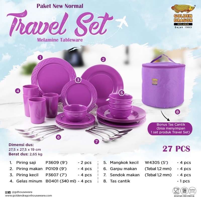 Travel Set Piring Golden Dragon 27pcs Paket New Normal