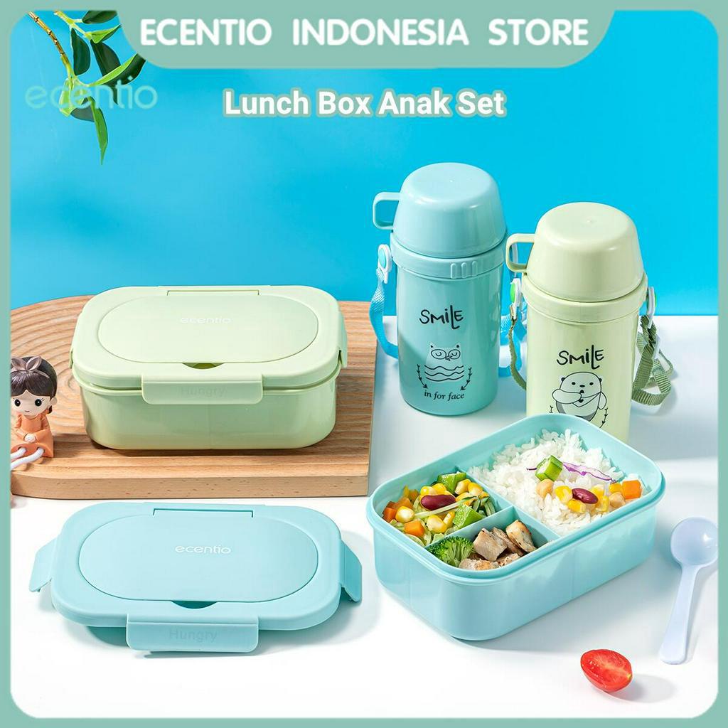 ecentio 3 Grid Lunch Box Set 650ml/Kotak Bekal Makan Anti Tumpah Free Mangkuk Sup 450ml/Tas Bekal Set Anak