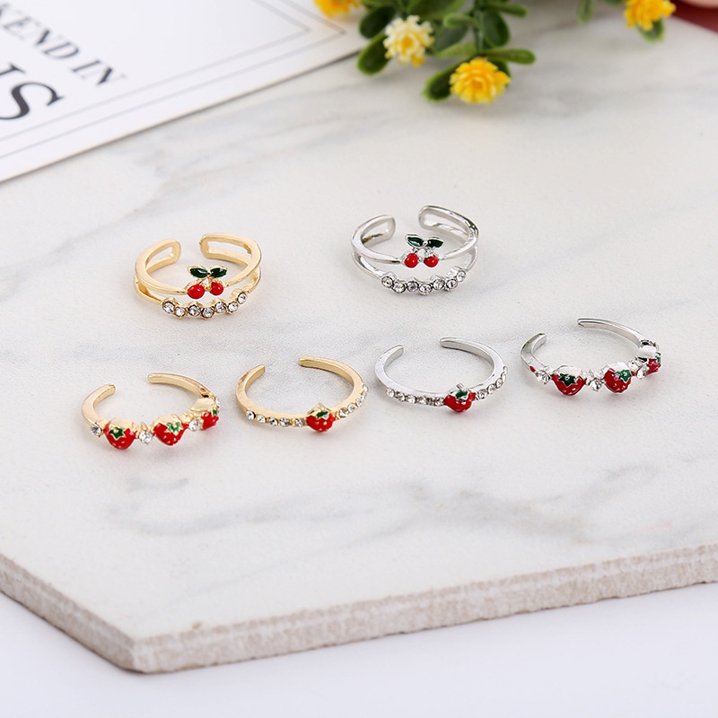 Cincin Model Terbuka Desain Strawberry Cherry Gaya Korea Untuk Perempuan