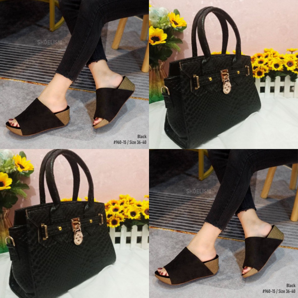 Paket sandal wedges flatporm dan tas wanita kondangan