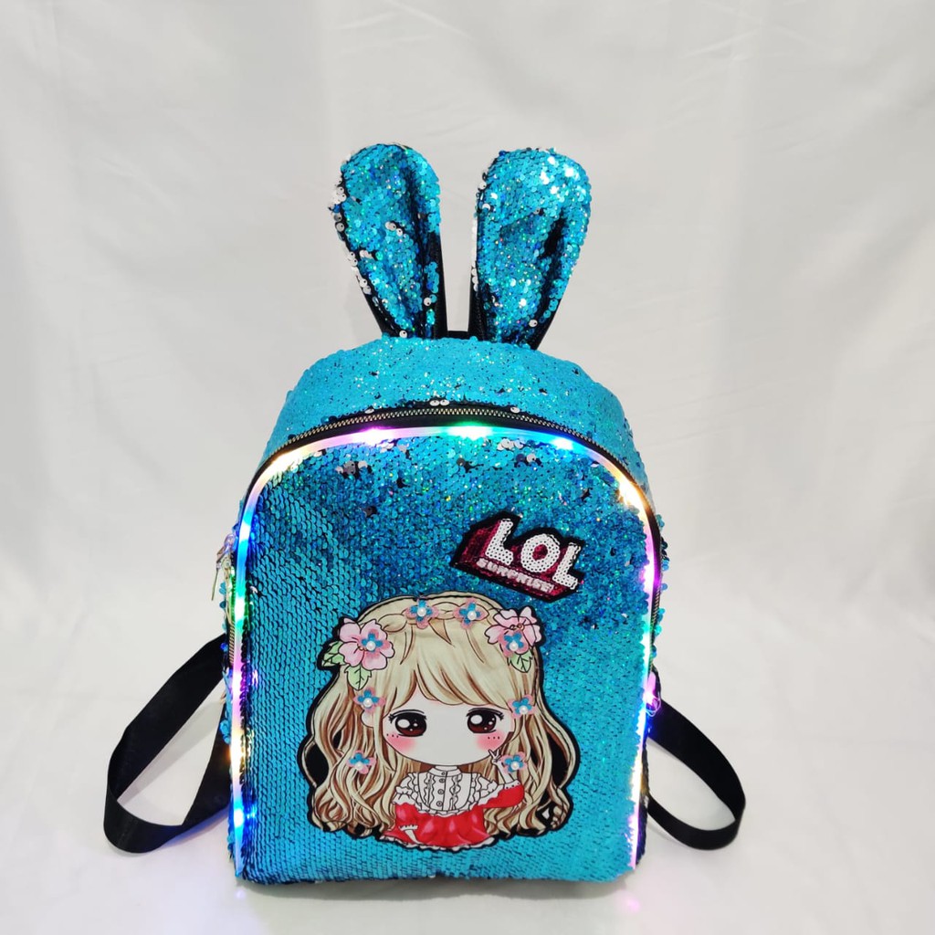  TAS  LOL  RANSEL SEQUIN USAP GLITTER  KUPING LED MOTIF 