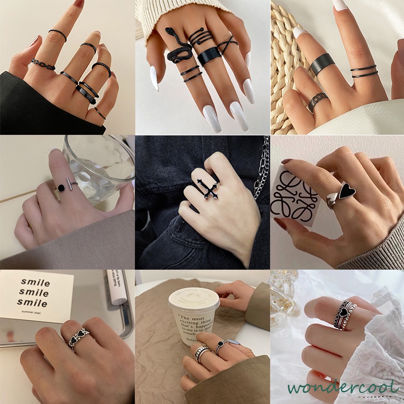 7pcs Cincin Korea Hitam Gaya Punk Cincin Jari Warna Hitam Gaya Vintage Untuk Wanita-Won