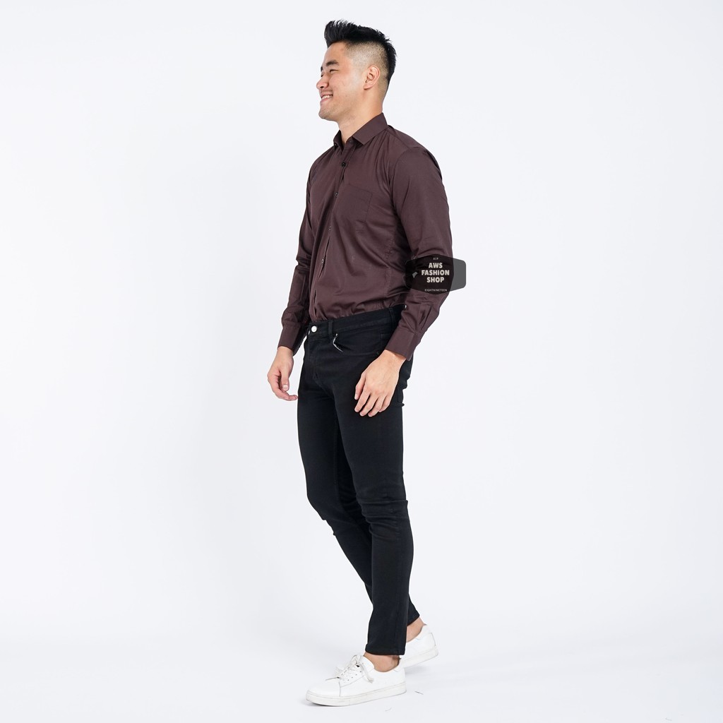 Kemeja Pria Lengan Panjang Polos Coklat Tua Dark Brown Kemeja Cowok Keren Casual Slimfit 3242