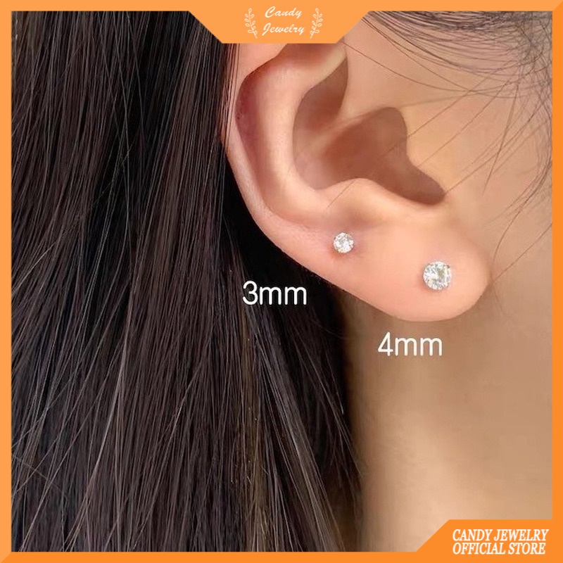 3 Pasang / set Anting Stud Zircon Mini Ukuran 3 / 4 / 5mm Warna Permen Untuk Wanita