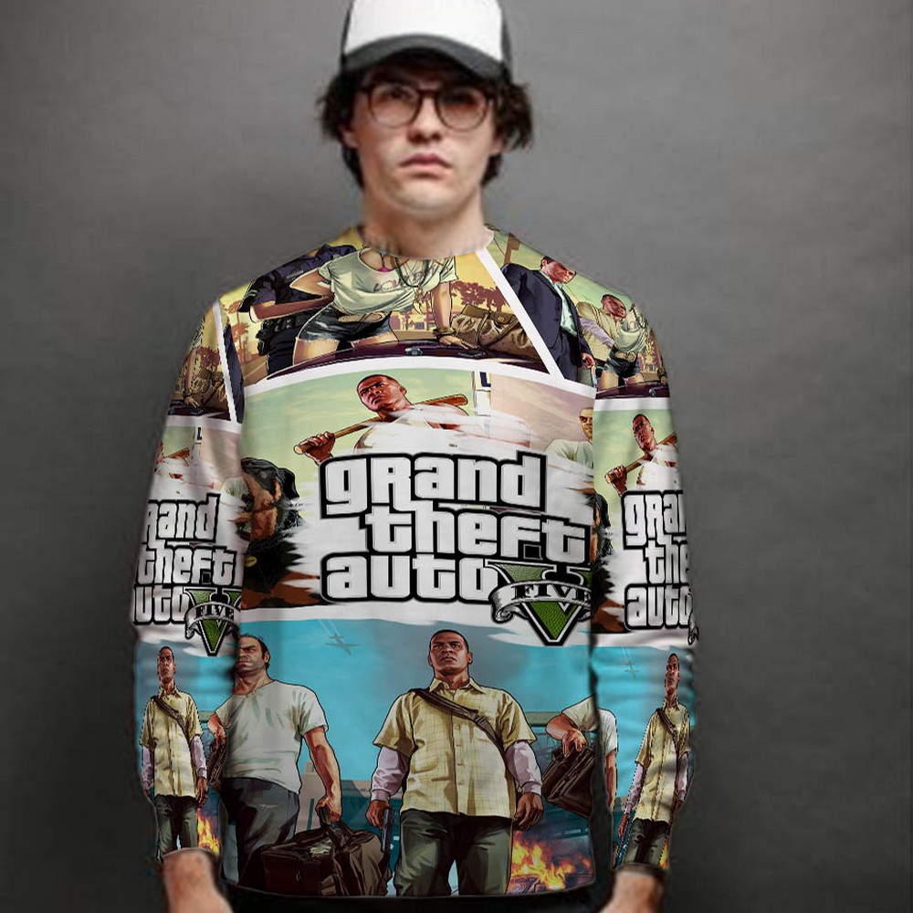 Casual Jaket Sweatshirt Grand Theft Auto GTA 5 Rockstar Video Games Sweat Shirt Fullprint Bahan Poly