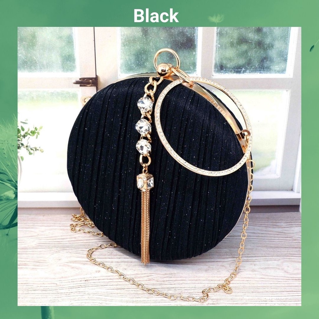 TERLARIS !!! Tas Pesta Kondangan Wanita Import Kristal Kain Satin Lucu warna black,gold,silver bahan satin halus tas pesta bulat wanita elegan clucth pesta bulat kristal clucth wanita pesta kondangan