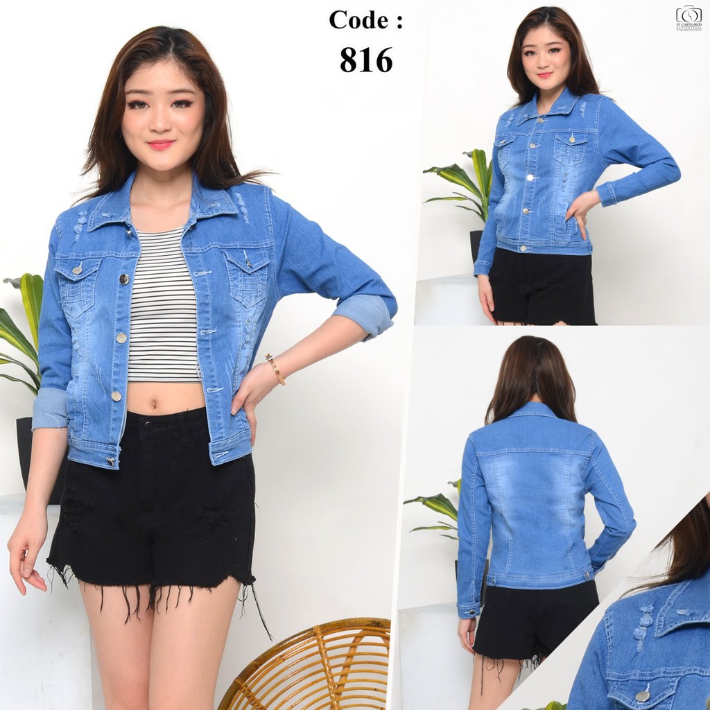 MC girl Jaket Jeans Sobek Cewe / Jaket Ripped Denim Wanita