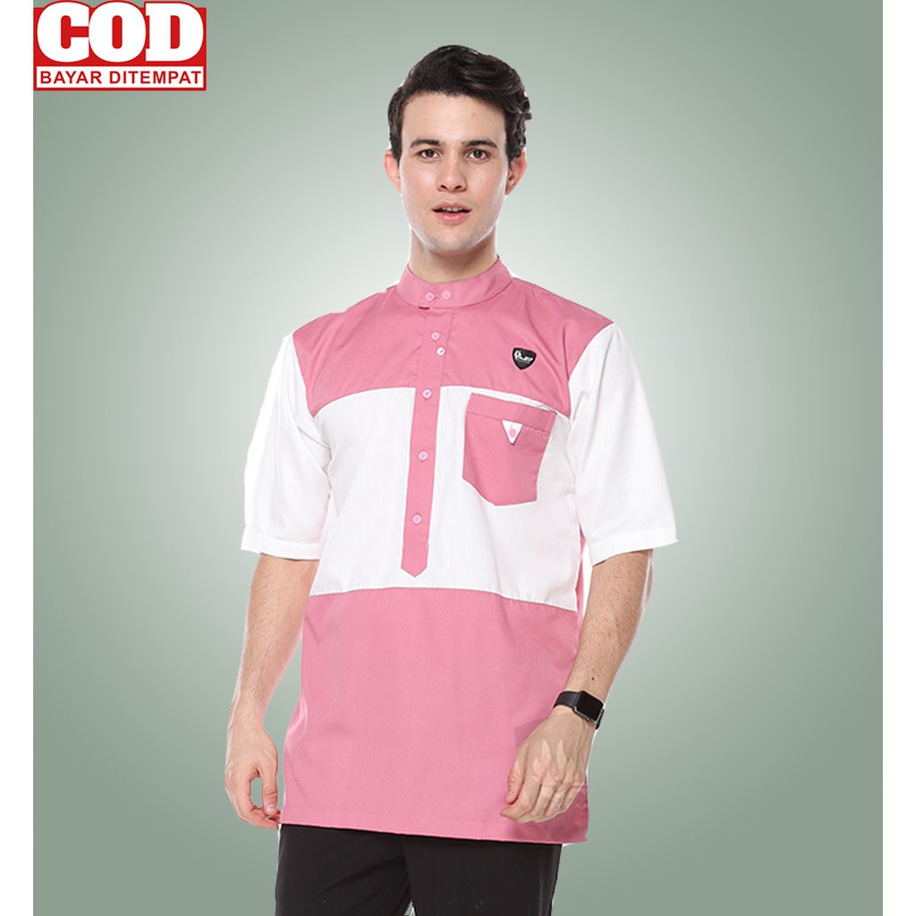 Baju Koko Pria Bahan Katun Toyobo Premium Kombinasi Warna Koko Razi Pink Putih