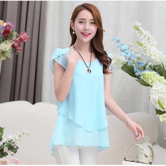 Jfashion Blus Sifon Tangan Pendek Asimetris Gaya Korea - Chalola