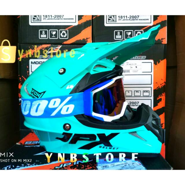 helm JPX fox1 motoCross trail ktm klx crf solid polos tosca blue biru gloss plus goggle 100%