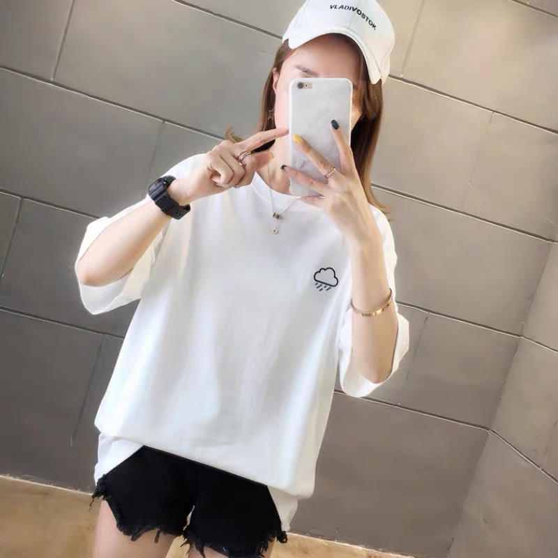 Oversize Tee Tshirt Model Longgar Untuk Wanita Motif Awan Baru Bordir