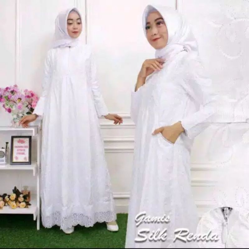 Gamis Haji/Umroh Wanita. Gamis Putih Silk Renda