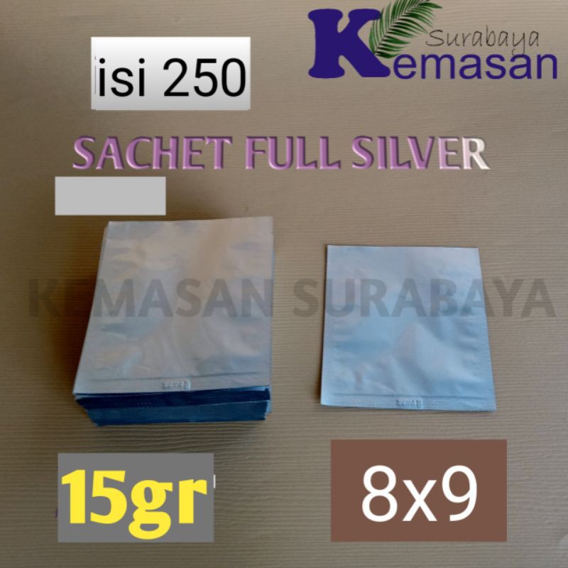 isi 250SACHET SILVER ALUMINIUM FOIL15 gr 8x9cm KPACK KEMASAN BUBUK KOPI MASKER BUMBU KPACK