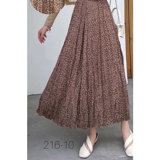 Korean Chiffon Flower Pleated Long Skirt with Gold List Import Premium ( Rok Bunga Korea Prisket Panjang )