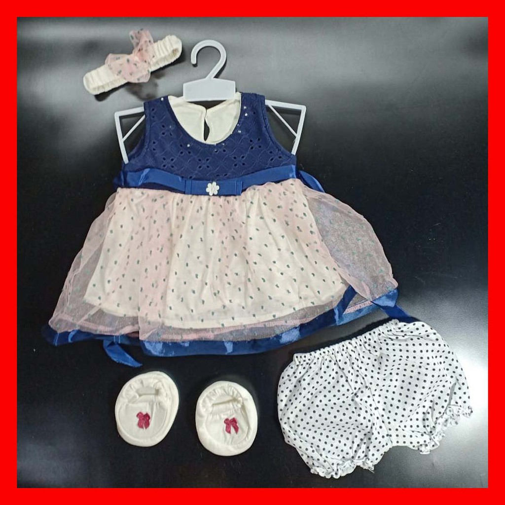 Baju Anak Bayi Perempuan Setelan Dress Cantik Bonus Bandana Sepatu Kain Accent