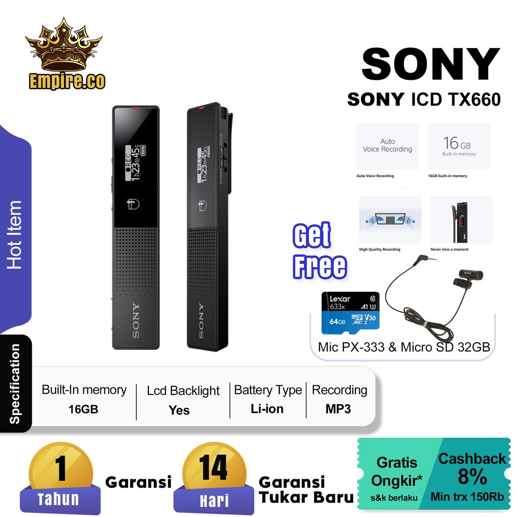 Alat Perekam suara Sony ICD-TX660 Original / Voice Recorder Sony
