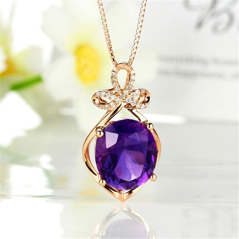 [Ready Stock]Fashion Inlaid Amethyst Pendant Rose Gold Gemstone Necklace