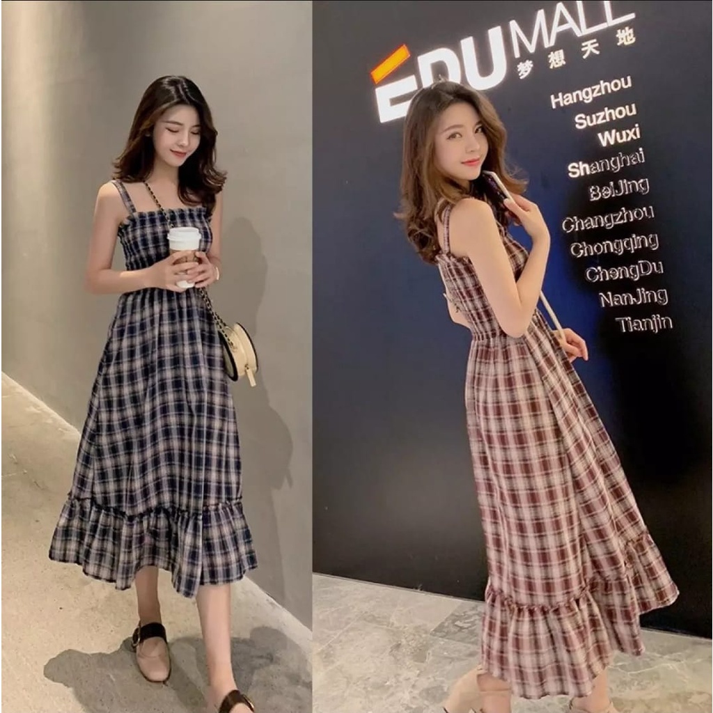 BEFAST - ZEC OOTD Wanita Dress HANJIEN / Happy Dress / Dress Model Korean / Dress Motif Kotak-Kotak / Dress Unik Wanita / Dress Pesta / Dress OOTD Ala Wanita Korean