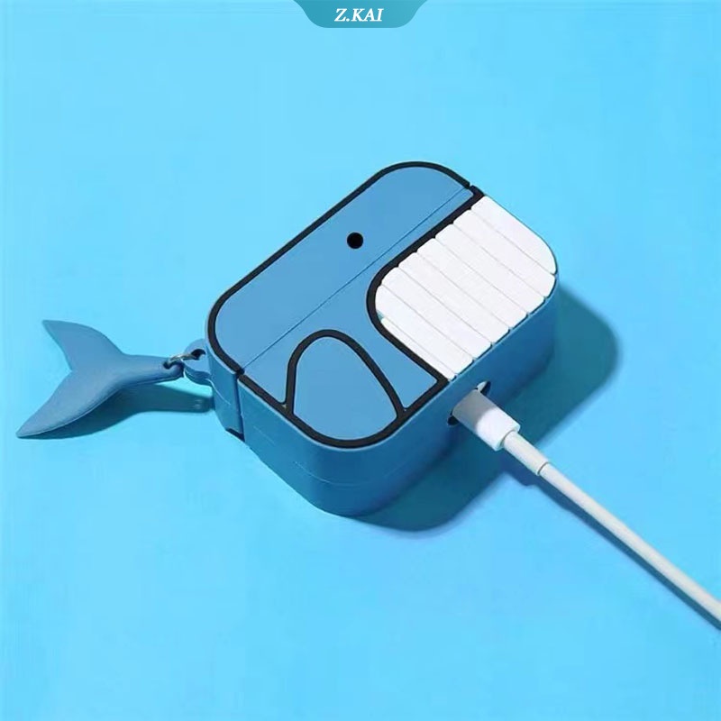 Whale Casing Silikon Motif Kartun Ikan Paus + Gantungan Kunci Untuk Simpan Earphone Wireless Bluetooth Apple AirPods 1 / 2