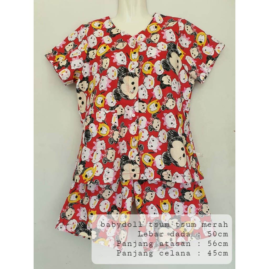 Baju tidur babydoll piyama kain katun premium halus tsum tsum merah