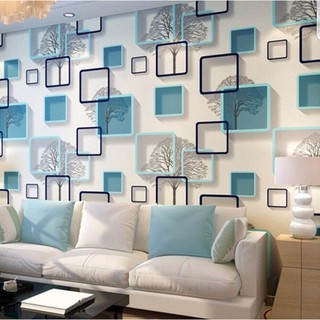 wallpaper dinding 3D biru kotak / square blue 45cm x 10m ...