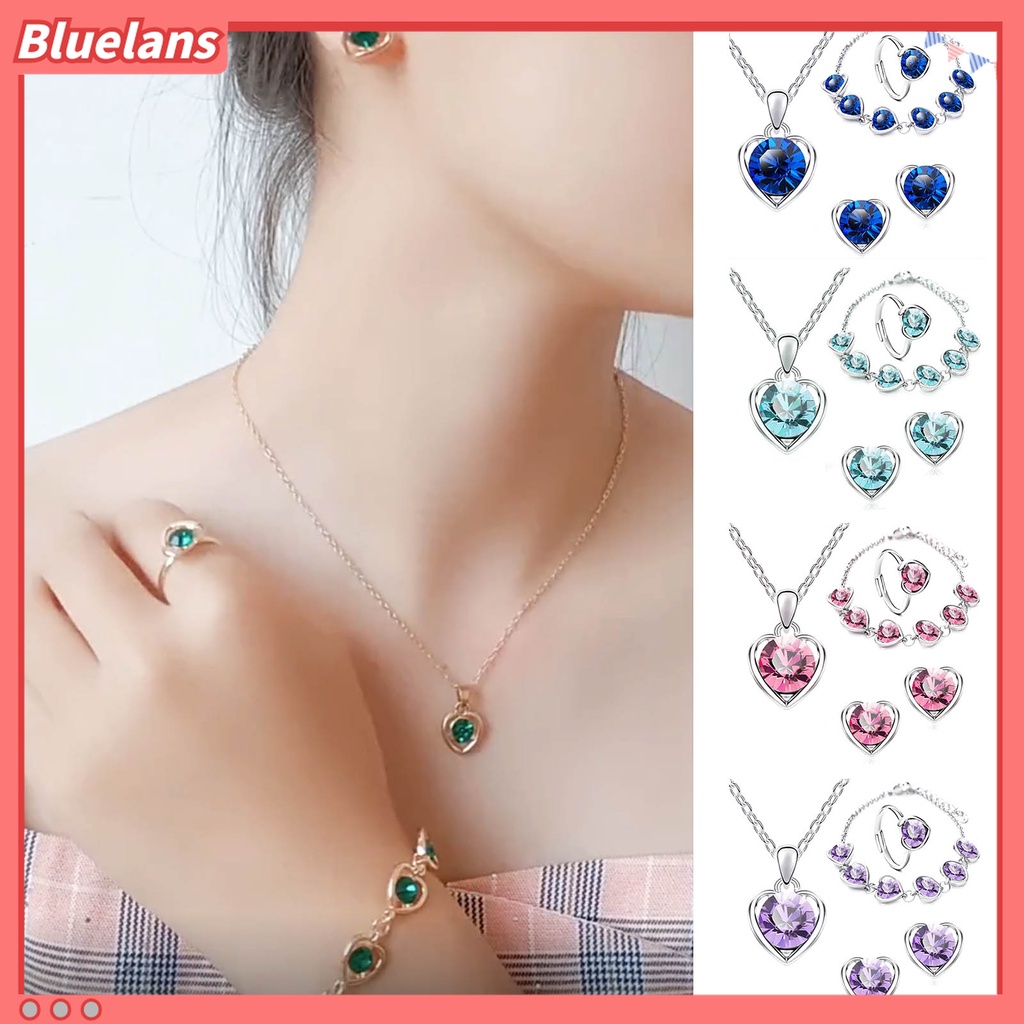 4pcs / Set Kalung Anting Gelang Cincin Liontin Hati Aksen Berlian Imitasi Adjustable Untuk Wanita