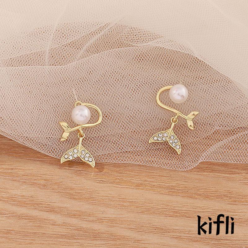 Anting Tusuk Gantung Desain Geometri Ekor Ikan Hias Mutiara + Berlian Gaya Mewah Untuk Wanita