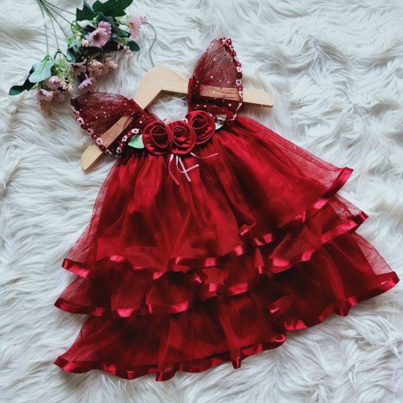 A8 dress pesta anak / gaun anak bayi / baju pesta anak 6 - 12 bulan-Maron