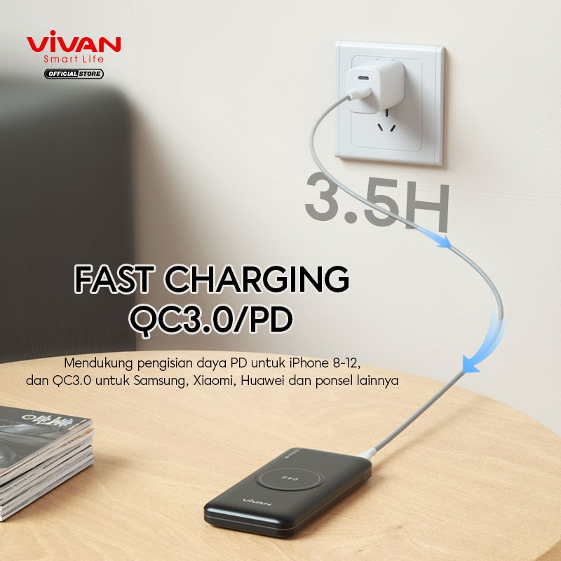 Powerbank 10000 mAh Wireless 3 Output Fast Charging 18W - Vivan VPB-W11