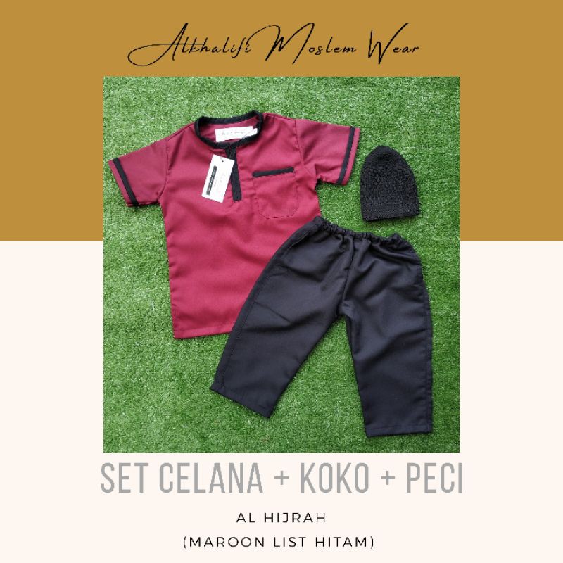 Terbaru SET KOKO AL HIJRAH (MAROON LIST HITAM) | Setelan Koko Anak Bayi Balita  Premium by Alkhalifi